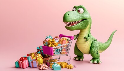 Fototapeta premium A Happy Dinosaur Shops For Many Colorful Presents