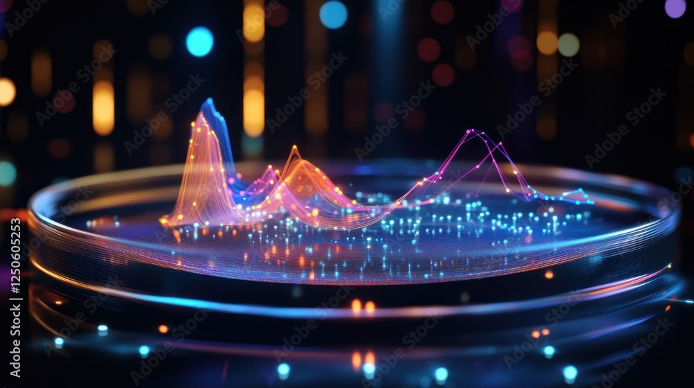 Poster futuristic data visualization with glowing lines and bokeh effects