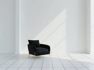 A black velvet armchair with gold legs in a white room with tiled floor and a large window casting sunlight