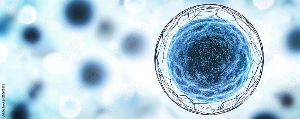 Poster a blue and white abstract representation of a cell, highlighting its intricate structure against a b