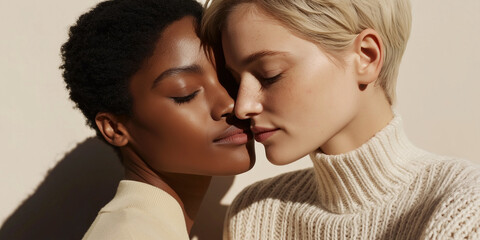 Lesbian couple in love, natural beige aesthetic