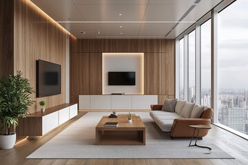 Fototapeta premium Modern Office Design: Sophisticated Wood Paneling, Luxury Furniture, Stunning City Views