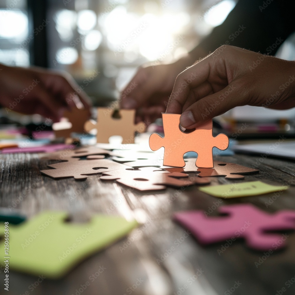 Poster collaborative puzzle assembly diverse hands on wooden table with vibrant sticky notes - enhancing co