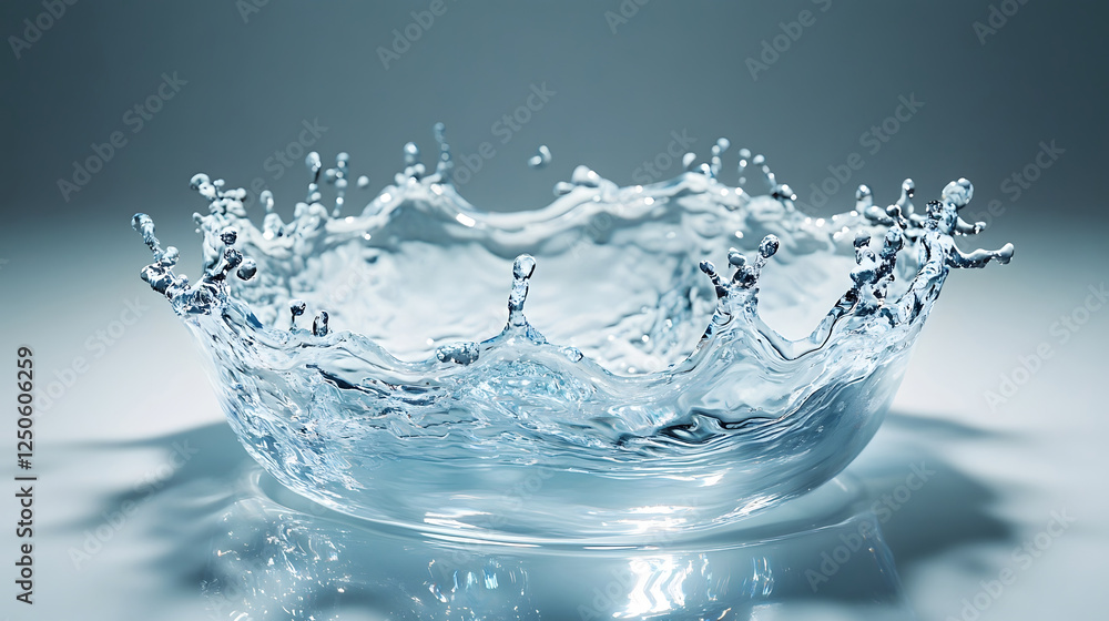 Poster Mesmerizing image capturing the dynamic movement and energy of crystal clear water droplets splashing and freezing in mid air creating a visually striking and abstract composition