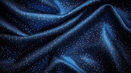 Fototapeta premium Glittering dark blue fabric draped, folds, textured backdrop, festive decor