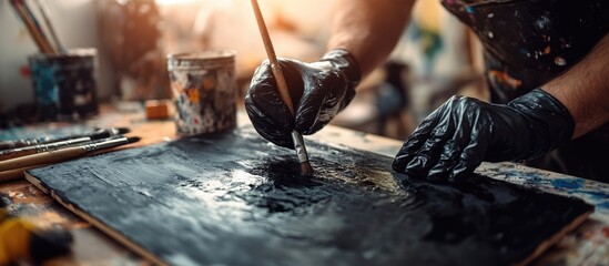 Painter applying black acrylic paint on wooden board while wearing protective gloves in a bright, artistic workspace environment.
