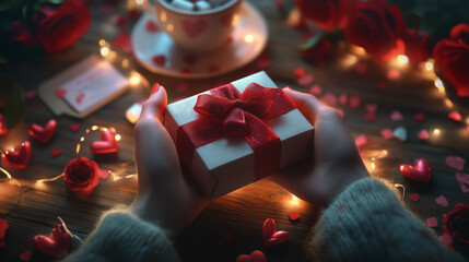 Intimate Valentine's Day Moment with Gift Box and Roses