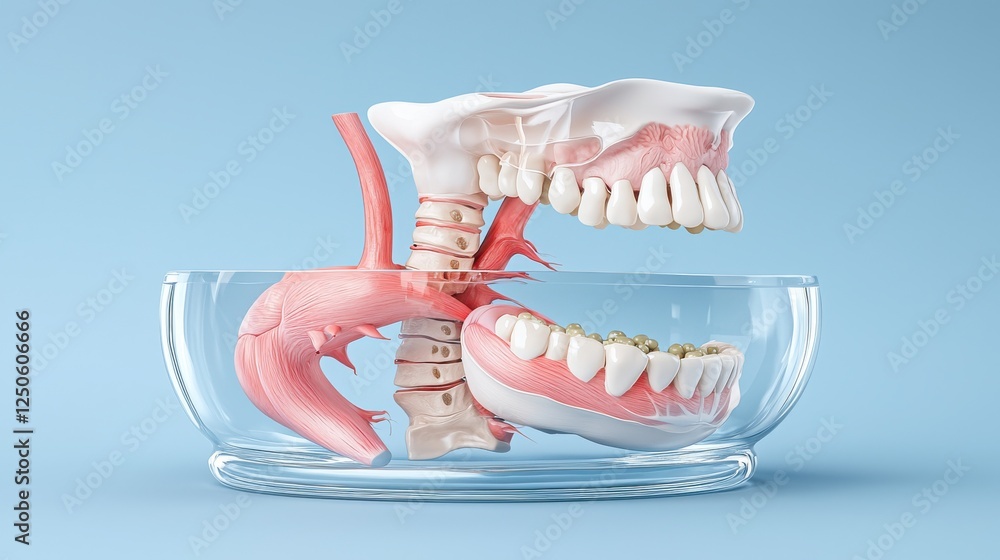 Poster a surreal image depicting a transparent container holding a large anatomical model of a mouth and th