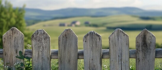 Weathered wooden fence with gaps showcasing a serene rural landscape in the background, ideal for texture and nature-themed designs.