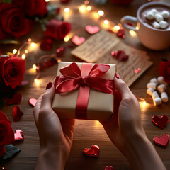 Romantic Valentine's Day Gift with Red Roses and Heart Confetti