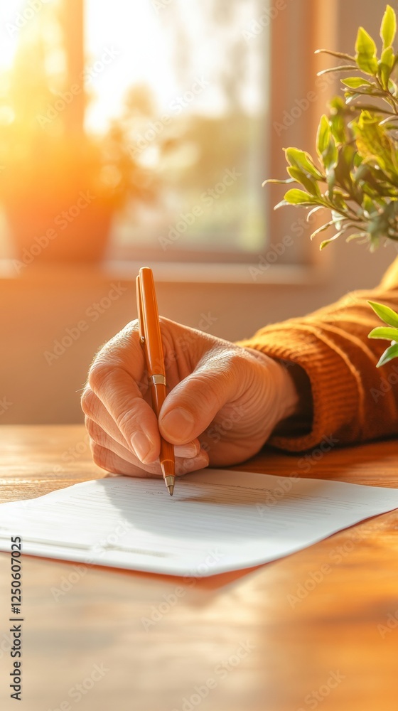 Poster sunlit minimalist workspace hand writing on paper by window with potted plant - nature-inspired prod