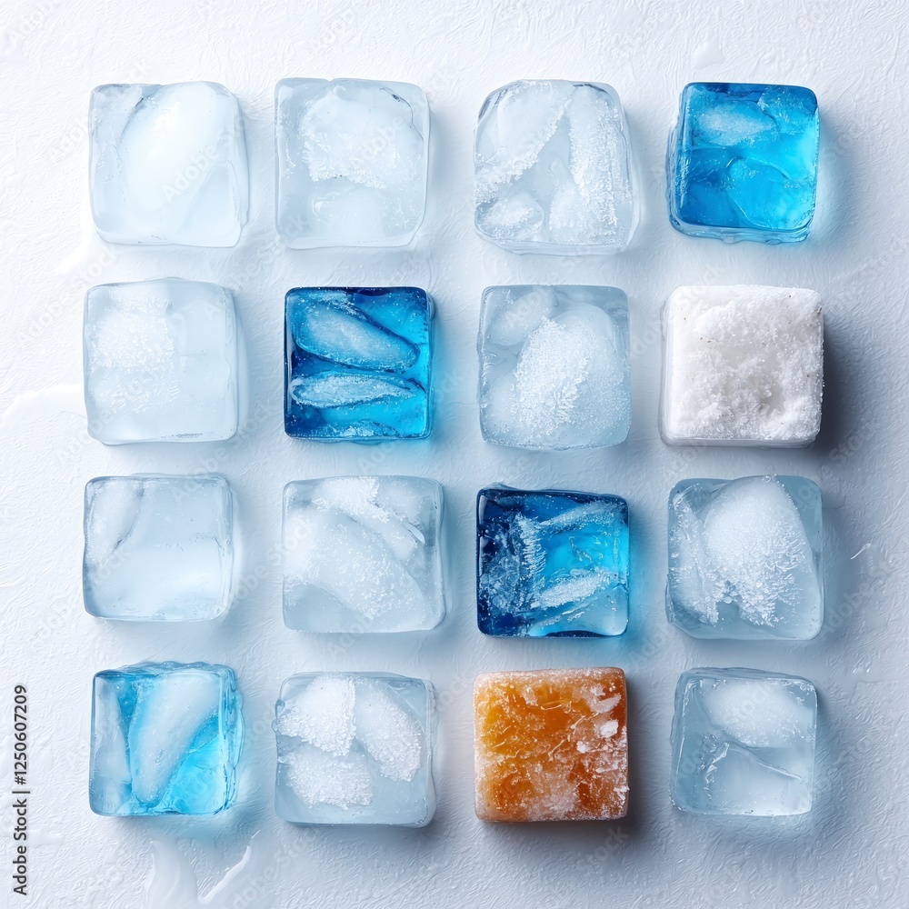 Poster blue and white ice cubes arranged in a grid pattern