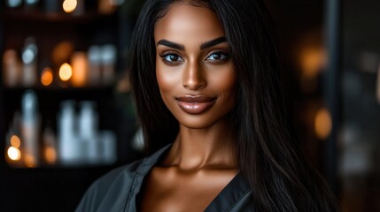 Obraz premium A radiant woman with striking features smiles softly, exuding confidence and warmth in a contemporary setting filled with soft lighting and an elegant atmosphere.