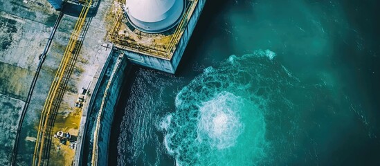 Aerial perspective of a nuclear facility cooling pool with turquoise water and space for text overlay in an industrial setting