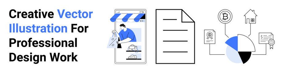 Online storefront graphic, document icon, and financial pie chart with symbols. Ideal for e-commerce, analytics, finance, startups, education, business strategies flat landing page banner