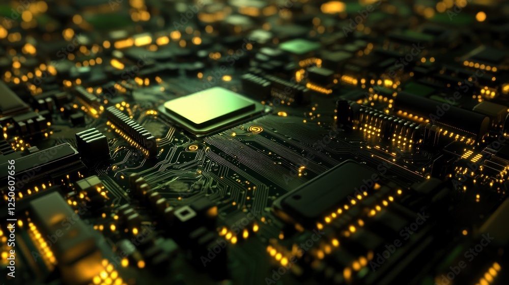 Poster complex circuit board illuminating high-tech connectivity and data transfer