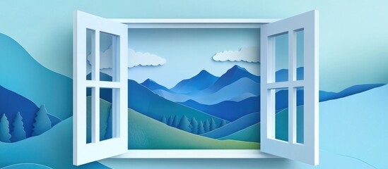 Paper cut style window view featuring mountains and a serene sky background in soothing blue tones. Ideal for nature and landscape themes.