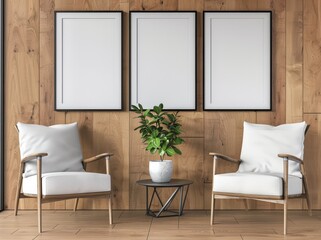 Three empty frames on a wooden wall with two white armchairs and a plant on a table in front of them