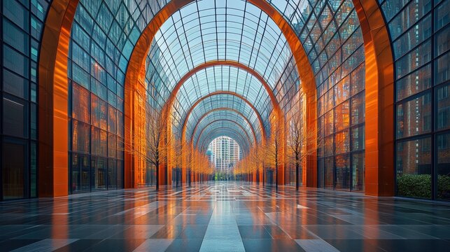 Futuristic glass tunnel with orange supports creating an architectural spectacle and leading to a distant urban skyline