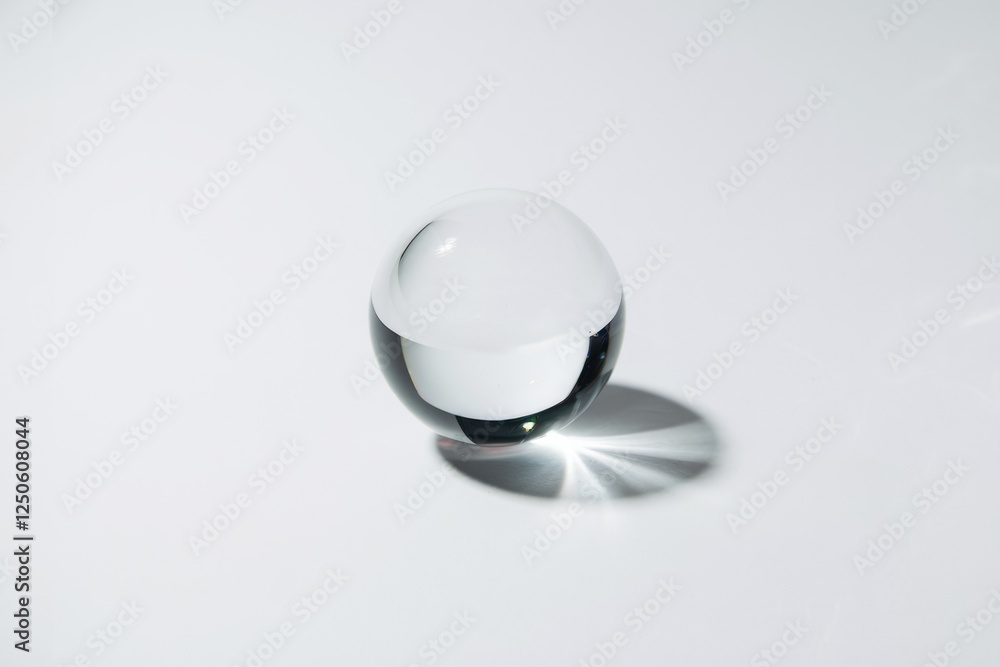 Poster a clear glass sphere casts a dramatic shadow on a white background, creating a minimalist, elegant c