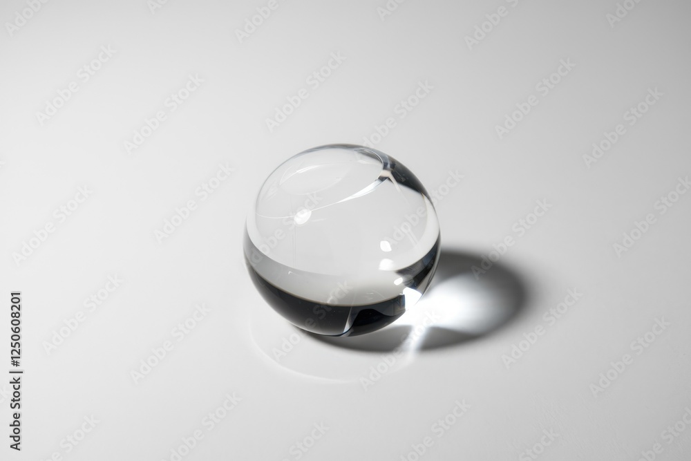 Poster a transparent glass sphere rests on a white surface, casting a subtle shadow, showcasing its elegant