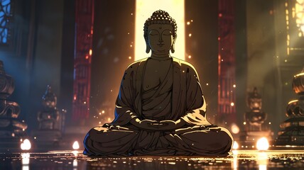 Close up of a Buddha stone figure sitting Golden buddha statue meditating 