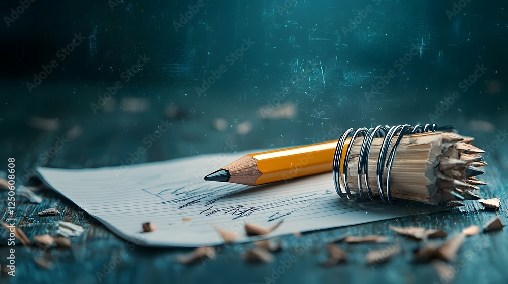 Poster pencil and paper lying on a wooden desk in a dimly lit moody office setting creating a contemplative