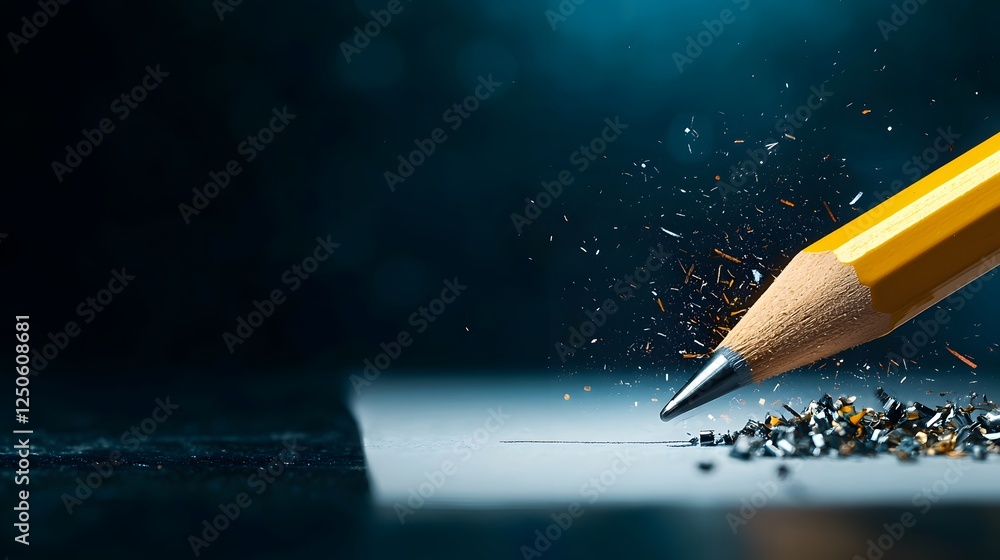 Poster sharpened pencil tip in close up view on dark background representing the start of a new project or 