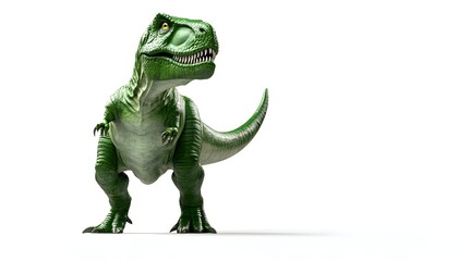 Fototapeta premium A Green Tyrannosaurus Rex Dinosaur Stands Against White Background