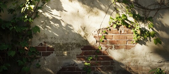 Weathered brick wall with ivy and shadows creating an atmospheric and textured background for architectural or nature-themed designs.