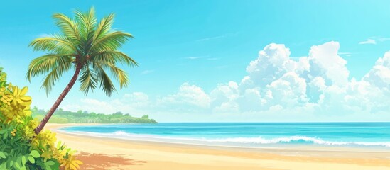 Obraz premium Serene tropical beach with a palm tree under a clear blue sky and gentle waves in springtime ambiance.