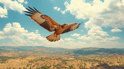 Fototapeta premium Hawk soaring above arid landscape, sunny day