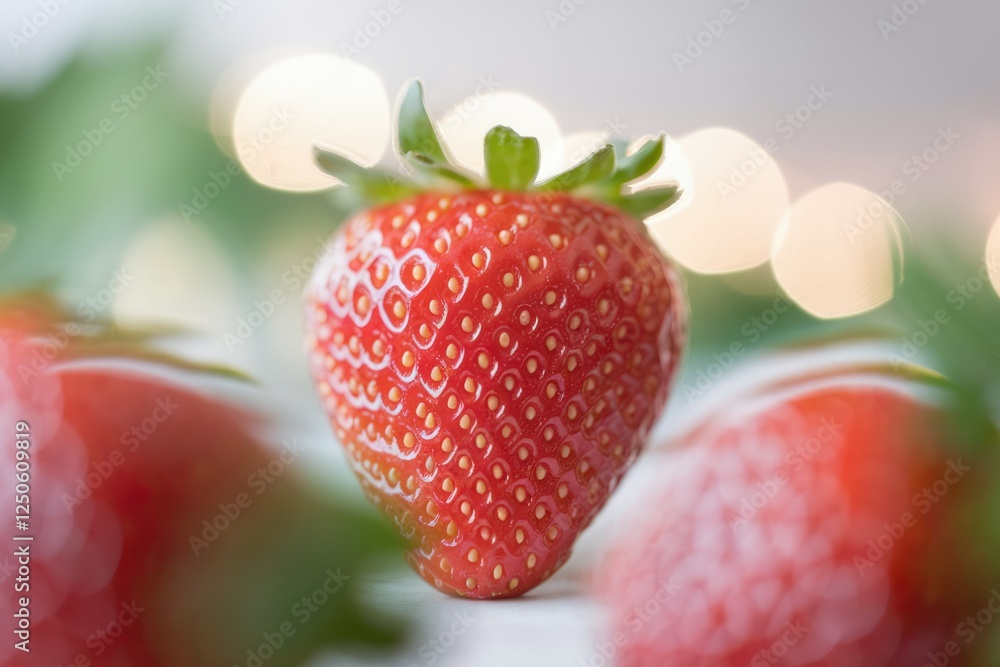 Poster a single, ripe strawberry in sharp focus, surrounded by blurred bokeh lights and other strawberries.