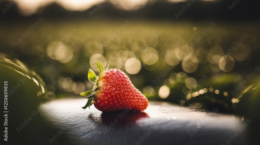 Poster a single, ripe strawberry rests on a dark surface, bathed in the warm glow of the setting sun, amids