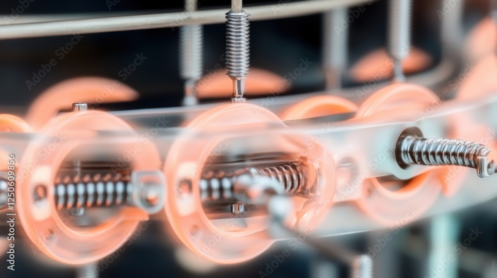 Poster close-up of mechanical components with glowing elements in a scientific setting.