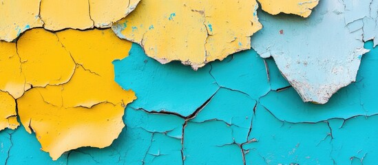 Obraz premium Colorful cracked paint texture in vibrant yellow and turquoise showcasing decay and weathering on a wall surface.