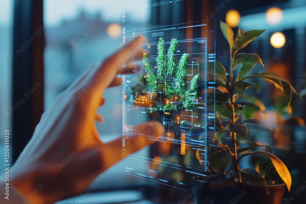 Poster Futuristic AI Interface in Urban Tech Workspace Interactive Collaboration on Transparent Screen with Greenery - Enhancing Digital Innovation and Business Solutions