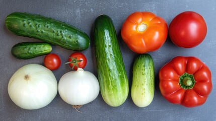 Overhead view of colorful fresh summer vegetables arranged on a gray kitchen countertop including cucumbers onions tomatoes and peppers