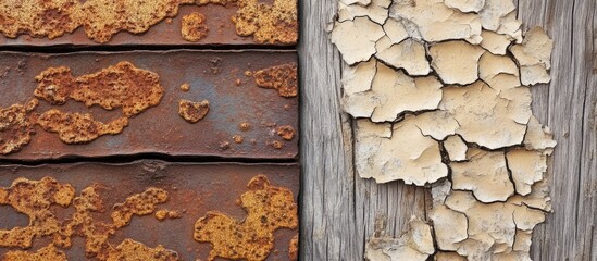 Rusty metal and weathered wooden surface with cracks and peeling paint showcasing textured backgrounds in earthy tones for grunge aesthetics.