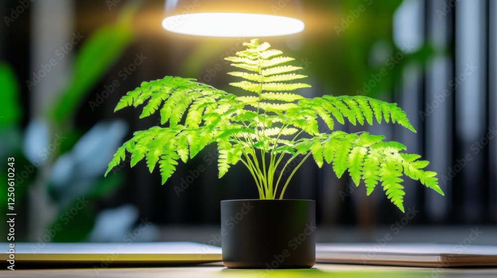 Poster biophilic office decor live fern under soft led light in modern workspace - enhancing employee well-