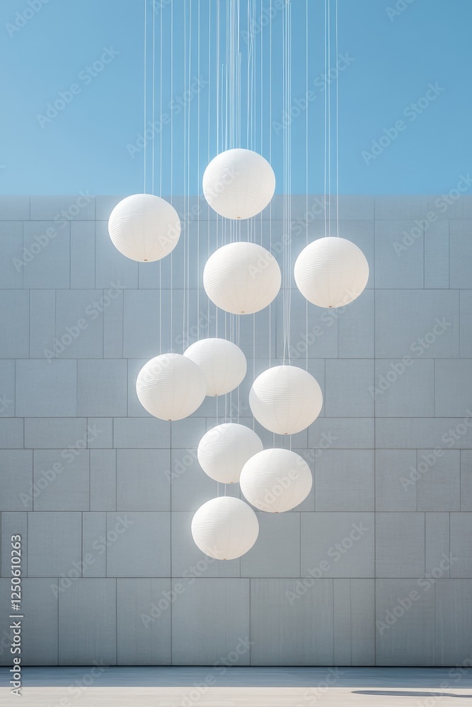Aufkleber serene minimalist balloon display floating white orbs against urban backdrop - event planning and br