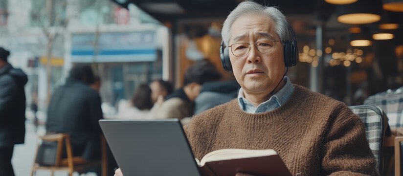 Older Asian man focused on laptop in modern cafe with patrons reading and wearing headphones, ideal for text overlay or lifestyle content.
