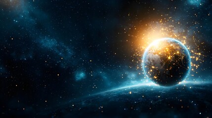 Obraz premium Captivating cosmic sphere shimmering in the embrace of a distant galaxy surrounded by a dazzling array of celestial wonders This breathtaking image showcases the beauty and mystery of the universe