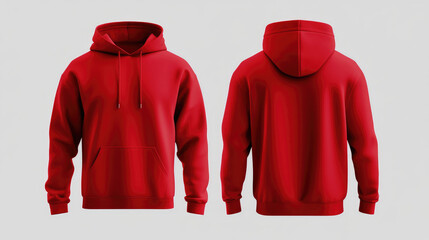 front view and rear view Red hoodie front and back view on minimal gray background, showcasing stylish and comfortable design. hoodie jacket mockup