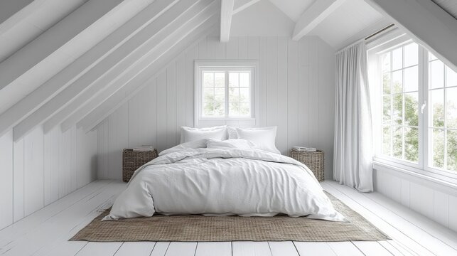 Serene attic bedroom featuring a minimal white aesthetic and tranquil light infusion through the inviting window