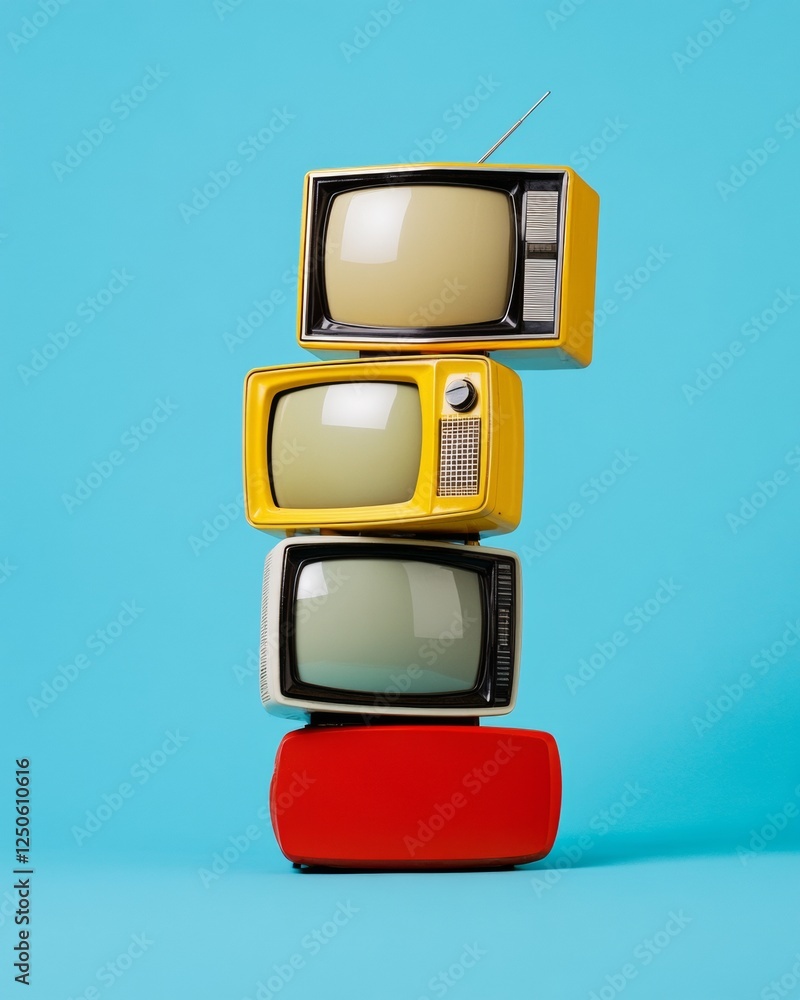Poster retro tv stack art vintage electronics on bold blue - nostalgic media evolution display for creative