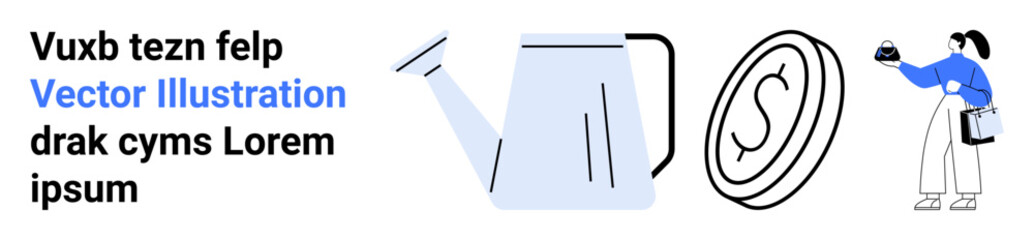 Watering can, large coin, person holding a growing plant in hand and briefcase. Ideal for finance, investment, wealth growth, savings, business planning, startups flat landing page banner