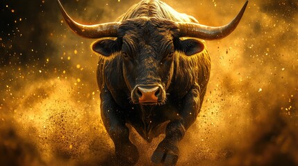 A powerful black bull emerges from a dark background,