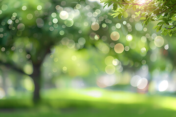 Fototapeta premium Blurred landscape in park with plants and trees on background. Nature with green grass in sun day. Blur natural background