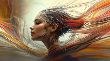 Featuring a vibrant profile of a woman with technicolor hair, this artwork represents the blend of human essence and technology, exuding creativity and modern beauty.